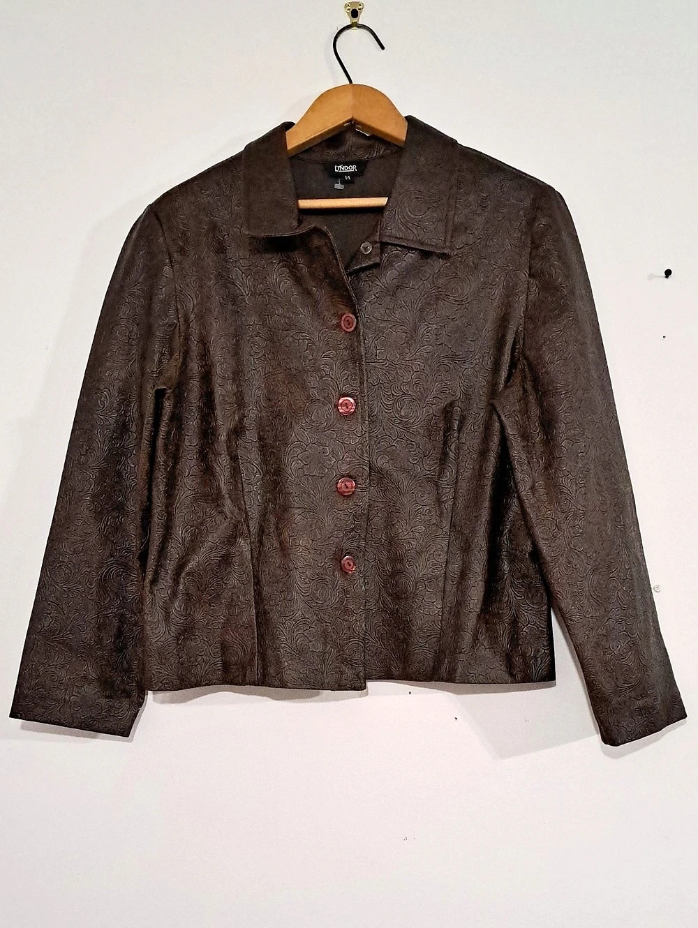 Lindor Paisley Faux-Leather Jacket Size 14 Brown